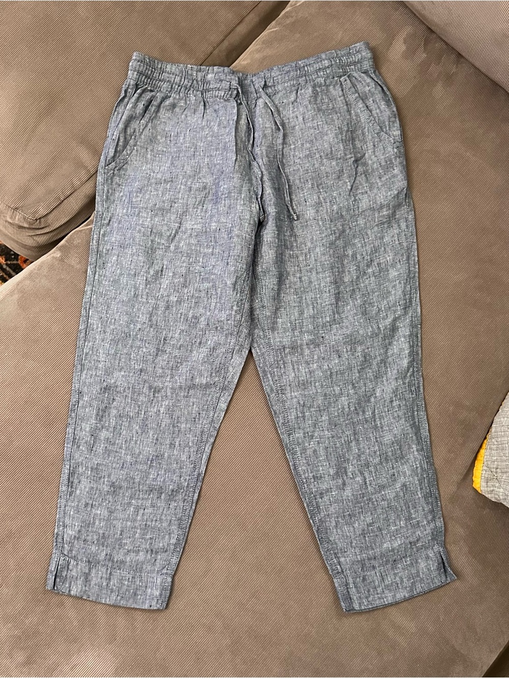 100% Linen LL Bean Blue Chambray 8 Petite Capris Elastic Waist Drawstring